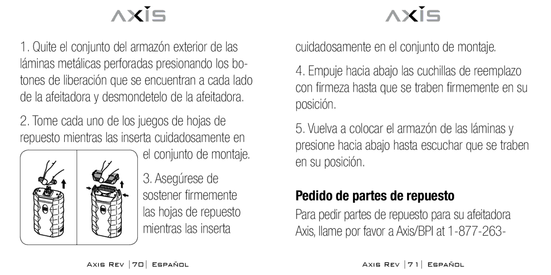 Bodyline Products International AX-1300 instruction manual El conjunto de montaje, Pedido de partes de repuesto 