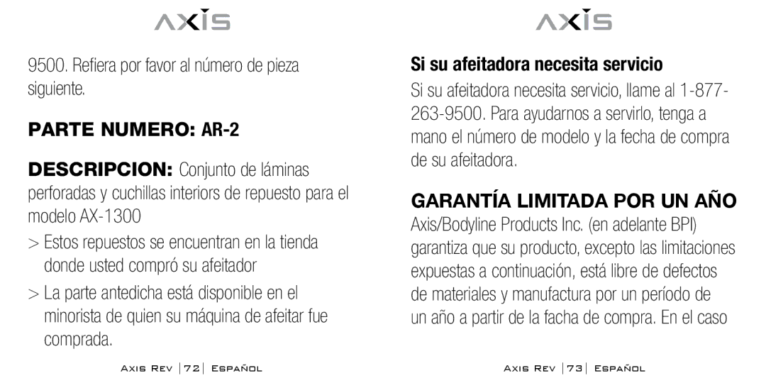 Bodyline Products International AX-1300 Refiera por favor al número de pieza siguiente, Parte Numero AR-2 