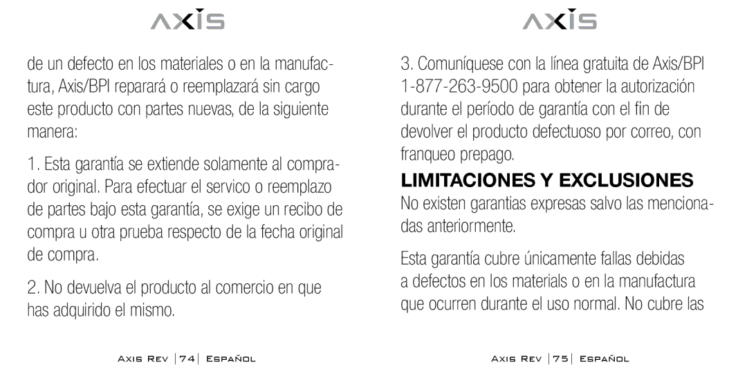 Bodyline Products International AX-1300 instruction manual Axis REV 74 Español Axis REV 75 Español 