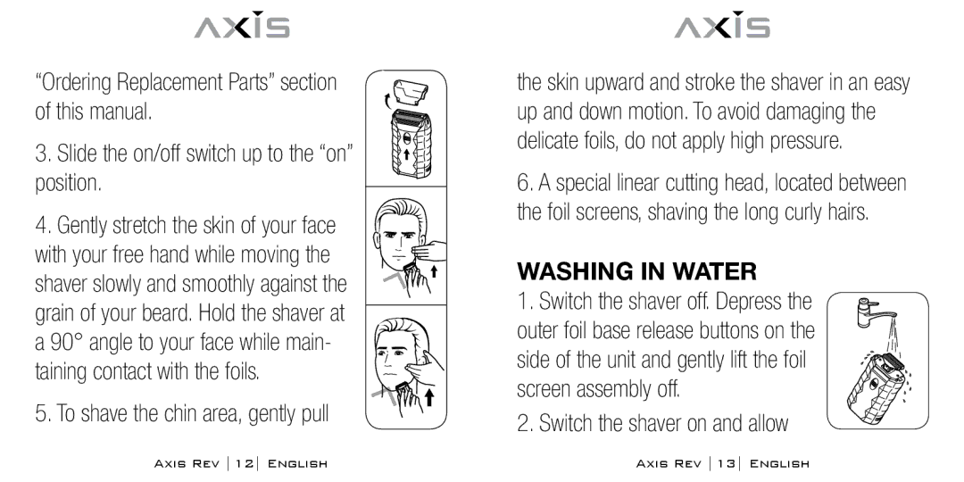 Bodyline Products International AX-1300 instruction manual To shave the chin area, gently pull, Washing in water 