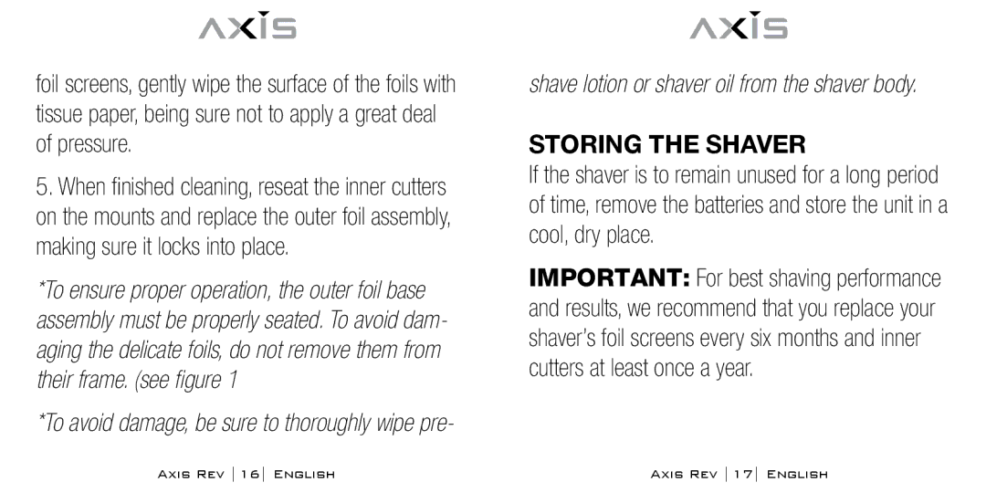 Bodyline Products International AX-1300 instruction manual Storing The Shaver 