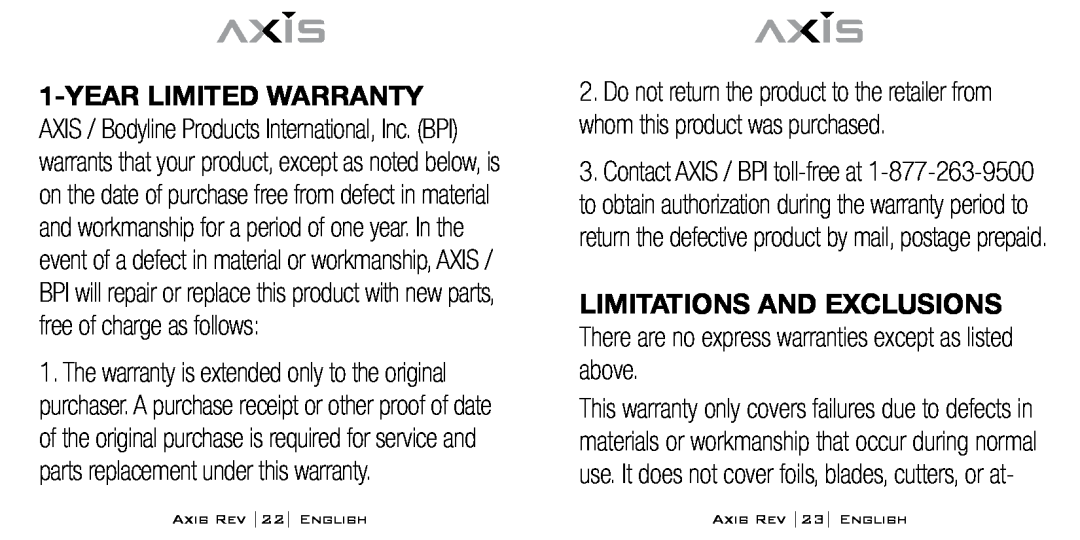 Bodyline Products International AX-1300 instruction manual AXIS REV 22 ENGLISH, AXIS REV 23 ENGLISH 