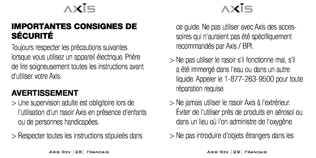 Bodyline Products International AX-1300 instruction manual Importantes Consignes De Sécurité, Avertissement 
