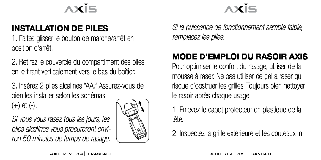 Bodyline Products International AX-1300 Installation de piles, + et, Enlevez le capot protecteur en plastique de la tête 