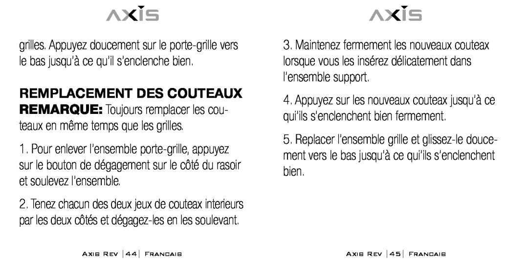 Bodyline Products International AX-1300 instruction manual AXIS REV 44 FRANCAIS, AXIS REV 45 FRANCAIS 