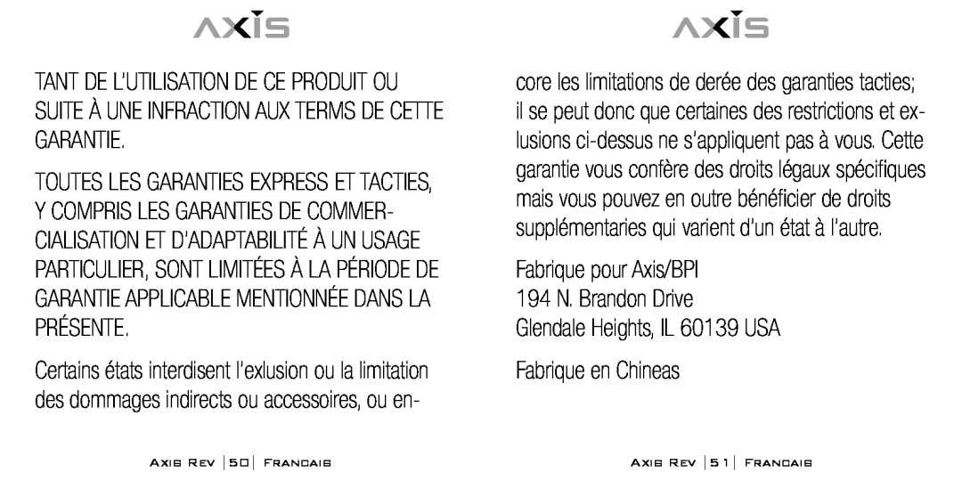 Bodyline Products International AX-1300 instruction manual Fabrique en Chineas, AXIS REV 50 FRANCAIS, AXIS REV 51 FRANCAIS 