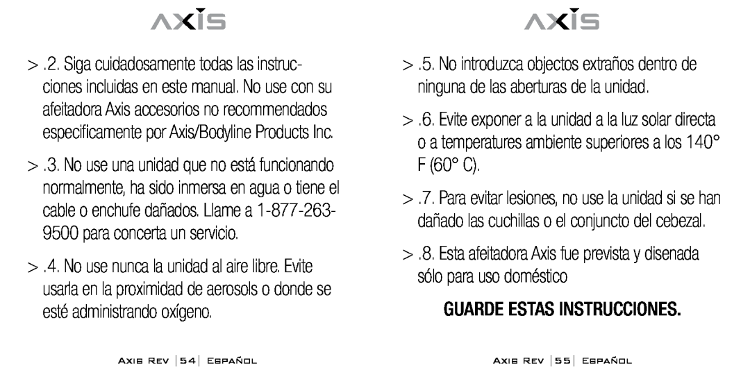 Bodyline Products International AX-1300 Guarde Estas Instrucciones, AXIS REV 54 ESPAÑOL, AXIS REV 55 ESPAÑOL 