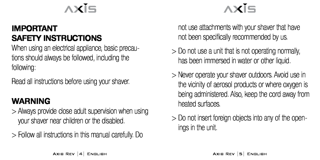 Bodyline Products International AX-1300 Safety Instructions, Read all instructions before using your shaver 