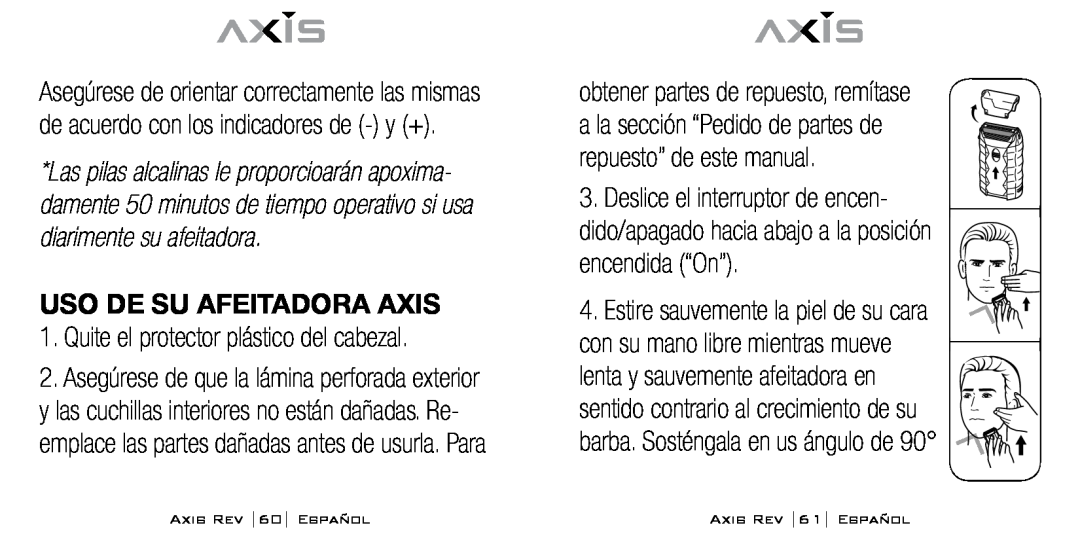 Bodyline Products International AX-1300 Uso de su afeitadora Axis, Quite el protector plástico del cabezal 
