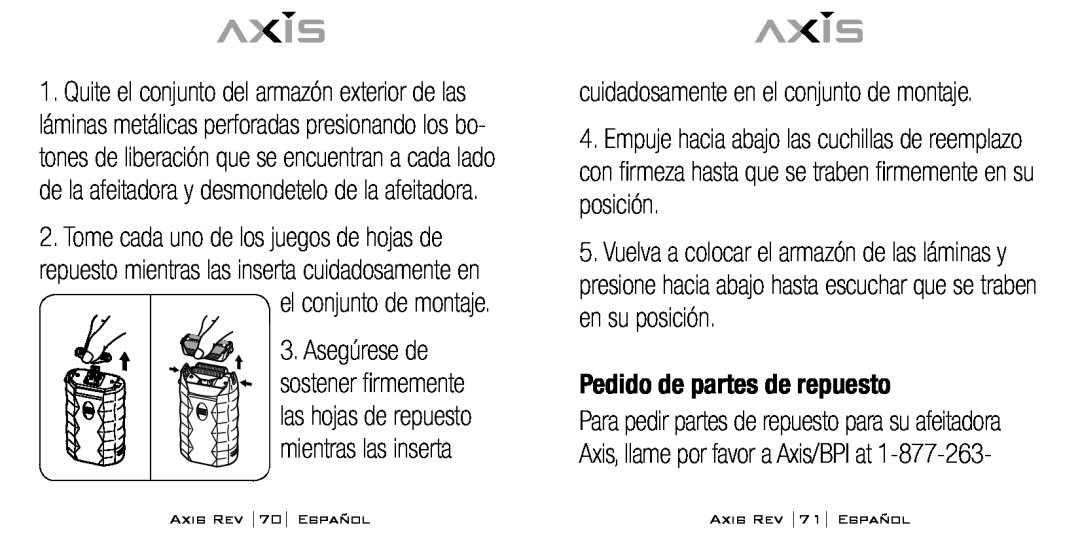 Bodyline Products International AX-1300 instruction manual el conjunto de montaje, Pedido de partes de repuesto 