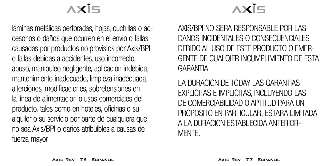 Bodyline Products International AX-1300 instruction manual AXIS REV 76 ESPAÑOL, AXIS REV 77 ESPAÑOL 