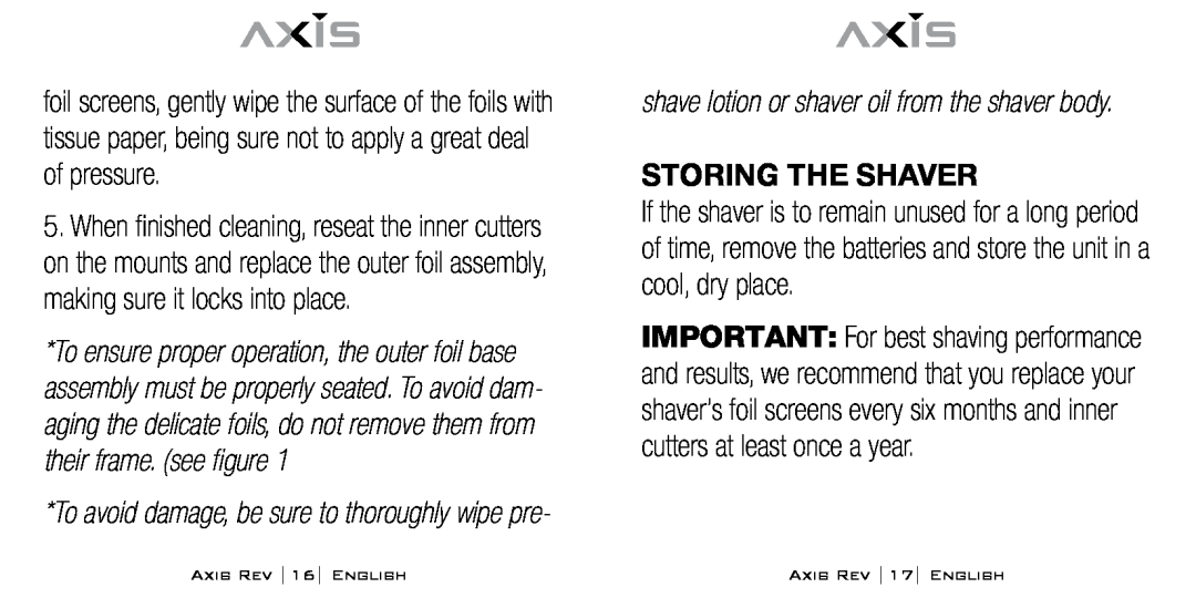 Bodyline Products International AX-1300 instruction manual Storing The Shaver 