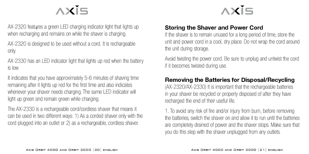 Bodyline Products International AX-2330, AX-2320 instruction manual Storing the Shaver and Power Cord 