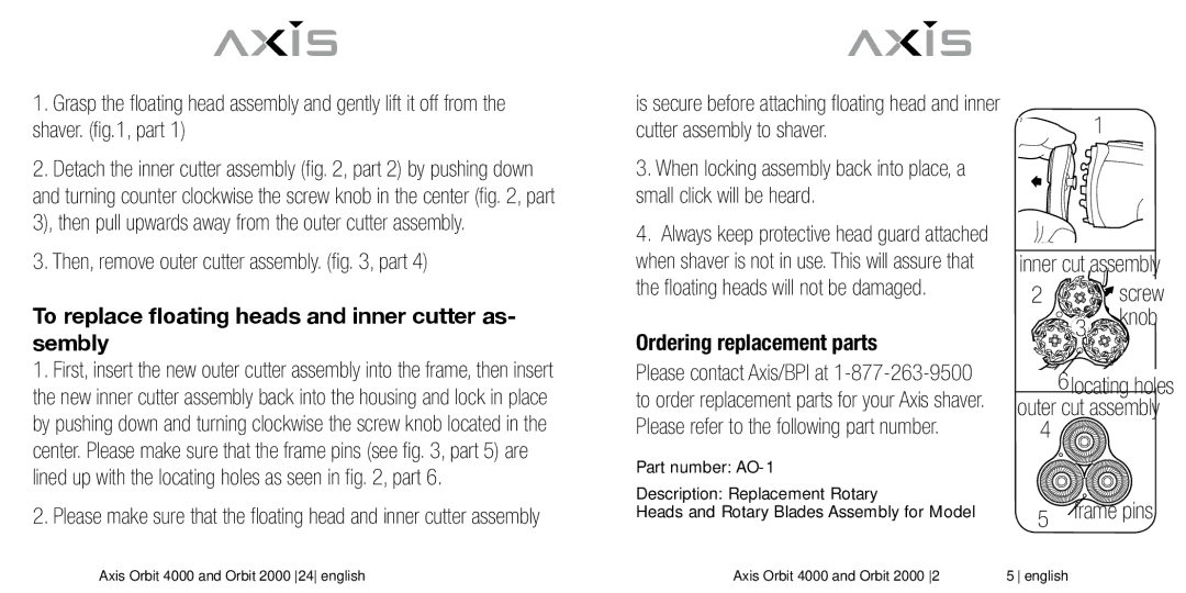 Bodyline Products International AX-2330, AX-2320 Then, remove outer cutter assembly. , part, Ordering replacement parts 