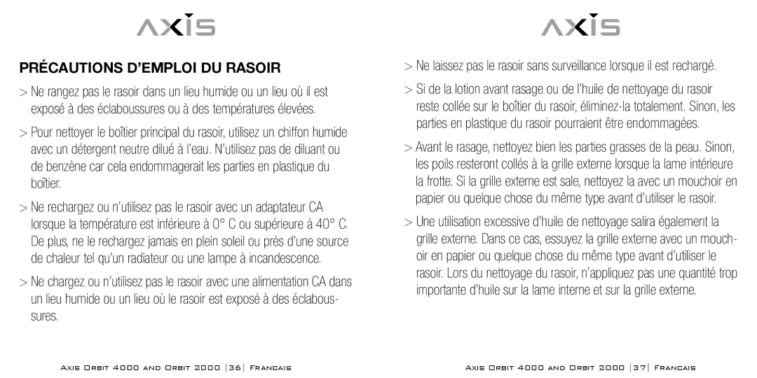 Bodyline Products International AX-2330, AX-2320 instruction manual Précautions D’EMPLOI DU Rasoir 