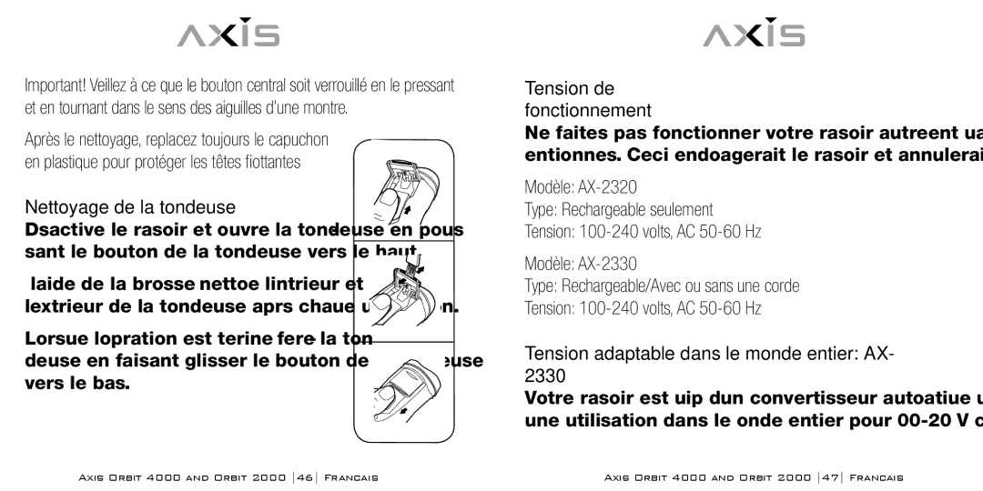 Bodyline Products International AX-2320, AX-2330 instruction manual Nettoyage de la tondeuse, Tension de fonctionnement 