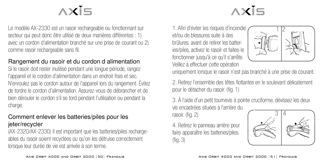 Bodyline Products International AX-2320, AX-2330 Comment enlever les batteries/piles pour les jeter/recycler, Rasoir. fig 