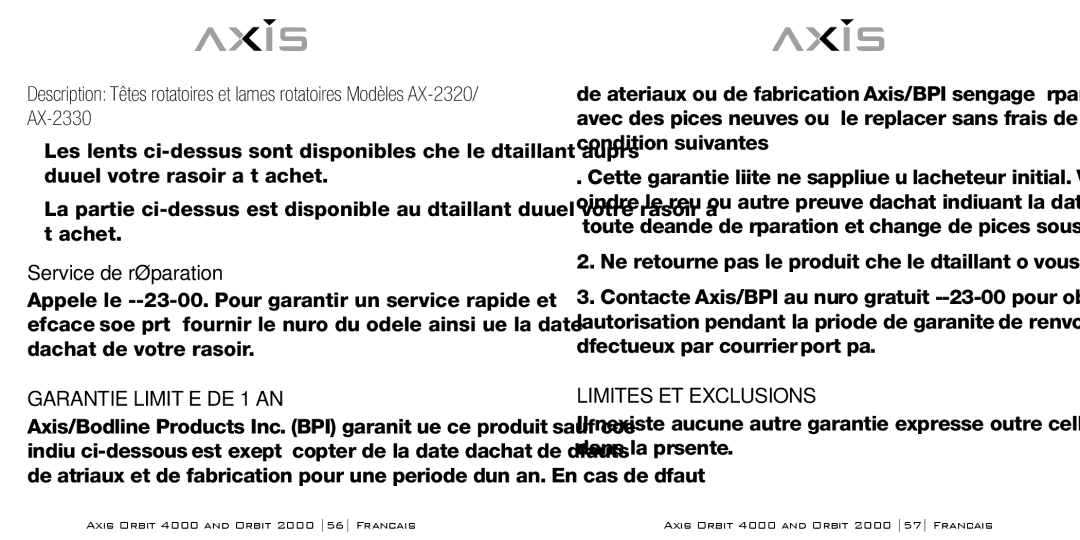 Bodyline Products International AX-2330, AX-2320 Service de réparation, Garantie Limitée DE 1 AN, Limites ET Exclusions 