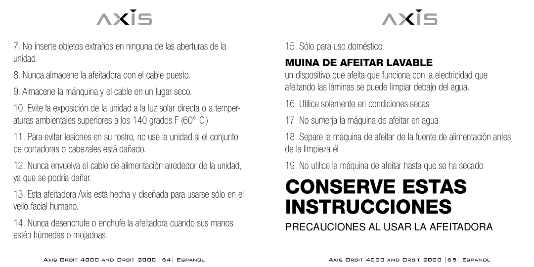 Bodyline Products International AX-2330, AX-2320 instruction manual Conserve Estas Instrucciones, Máquina DE Afeitar Lavable 