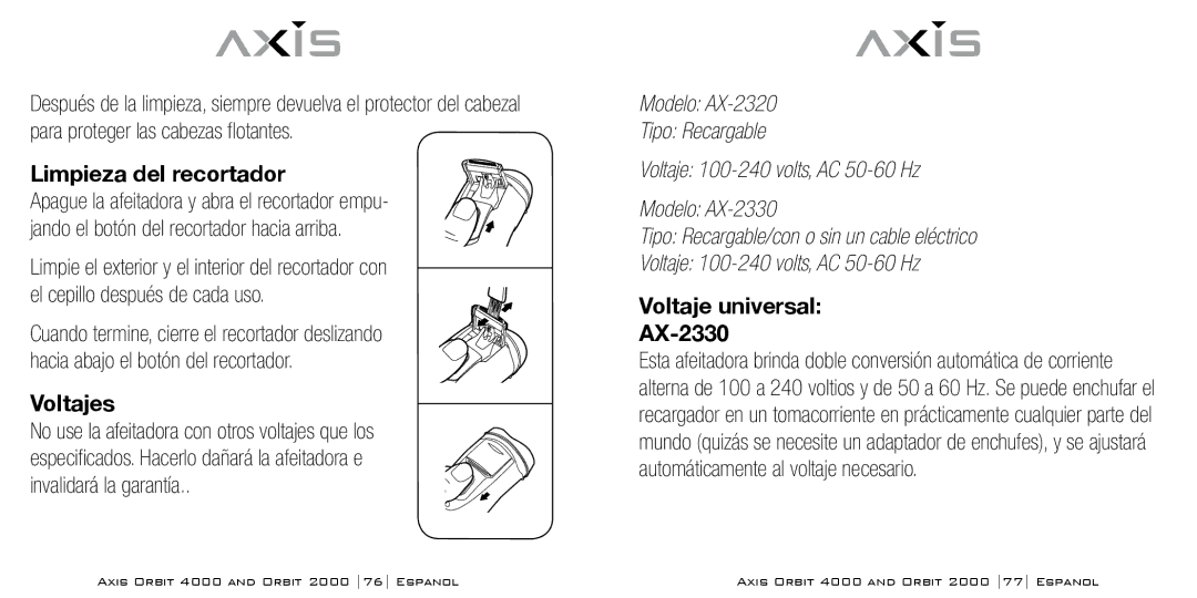 Bodyline Products International AX-2320 instruction manual Limpieza del recortador, Voltajes, Voltaje universal AX-2330 