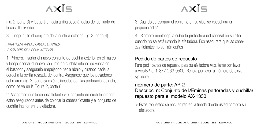 Bodyline Products International AX-2330, AX-2320 instruction manual Pedido de partes de repuesto 