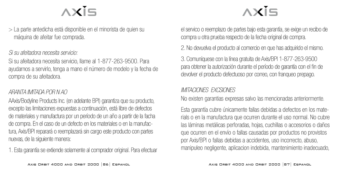 Bodyline Products International AX-2320, AX-2330 Si su afeitadora necesita servicio, Garantía Limitada POR UN AÑO 