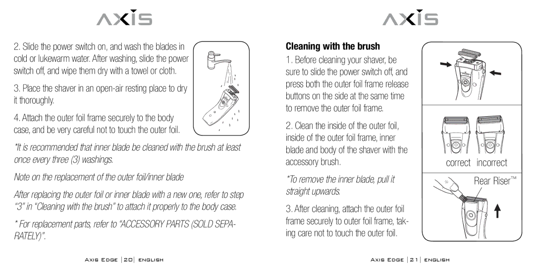 Bodyline Products International AX-4330 instruction manual Cleaning with the brush, Correct incorrect Rear Riser 