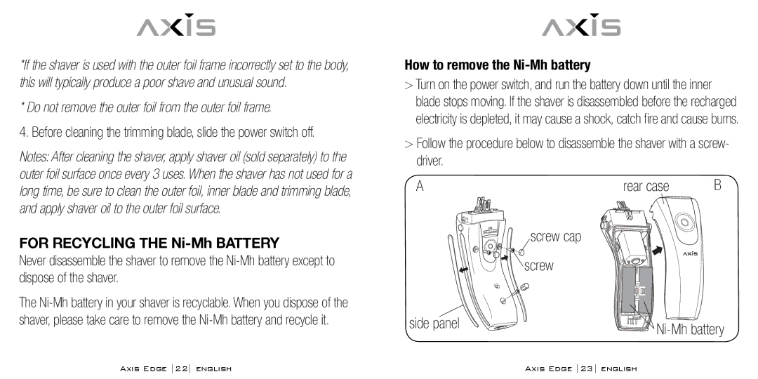 Bodyline Products International AX-4330 instruction manual For Recycling the Ni-Mh Battery, How to remove the Ni-Mh battery 