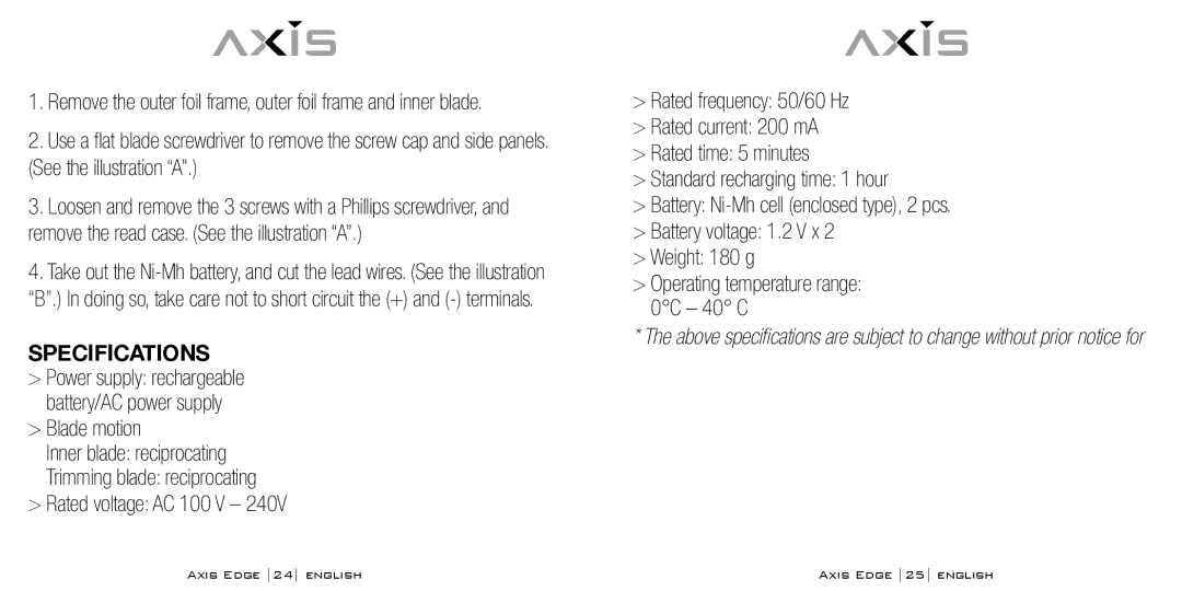 Bodyline Products International AX-4330 instruction manual Specifications, Operating temperature range 0C 40 C 