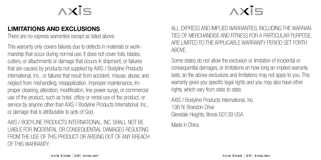 Bodyline Products International AX-4330 Limitations and Exclusions, There are no express warranties except as listed above 