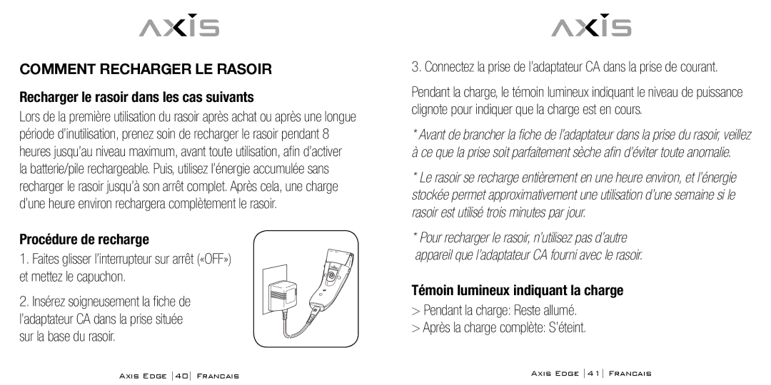 Bodyline Products International AX-4330 Comment Recharger LE Rasoir, Recharger le rasoir dans les cas suivants 