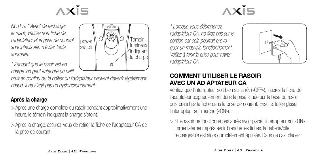 Bodyline Products International AX-4330 Power, Après la charge, Comment Utiliser LE Rasoir Avec UN AD Aptateur CA 