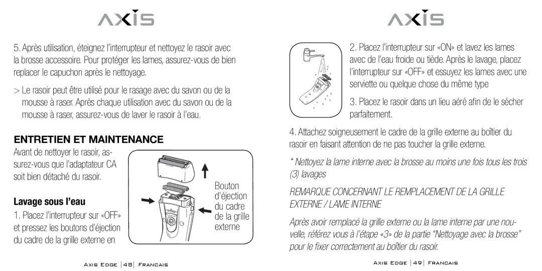 Bodyline Products International AX-4330 Entretien ET Maintenance, Lavage sous l’eau, Placez l’interrupteur sur «OFF» 