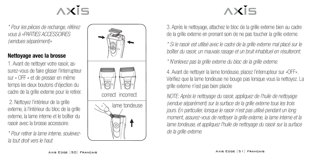 Bodyline Products International AX-4330 instruction manual Nettoyage avec la brosse, Correct incorrect Lame tondeuse 