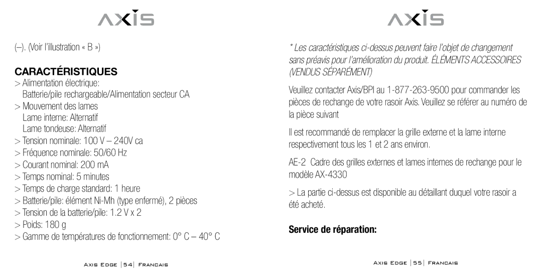 Bodyline Products International AX-4330 Voir l’illustration « B », Caractéristiques, Service de réparation 