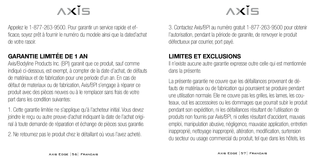 Bodyline Products International AX-4330 instruction manual Garantie Limitée DE 1 AN, Limites ET Exclusions 