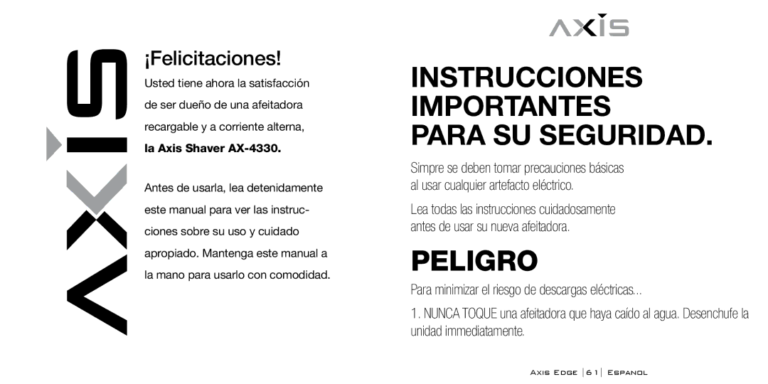 Bodyline Products International AX-4330 instruction manual Instrucciones Importantes Para SU Seguridad, Peligro 