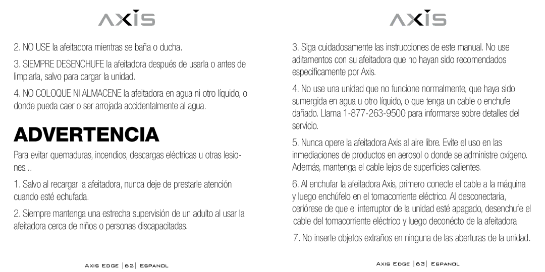 Bodyline Products International AX-4330 instruction manual Advertencia, No USE la afeitadora mientras se baña o ducha 