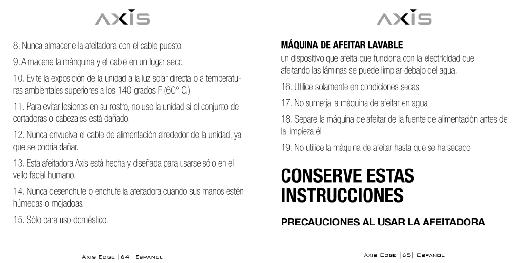 Bodyline Products International AX-4330 instruction manual Conserve Estas Instrucciones, Máquina DE Afeitar Lavable 