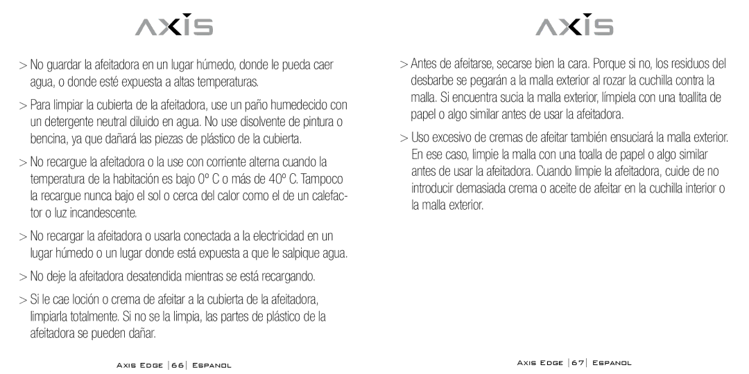 Bodyline Products International AX-4330 instruction manual Axis Edge 66 Espanol Axis Edge 67 Espanol 