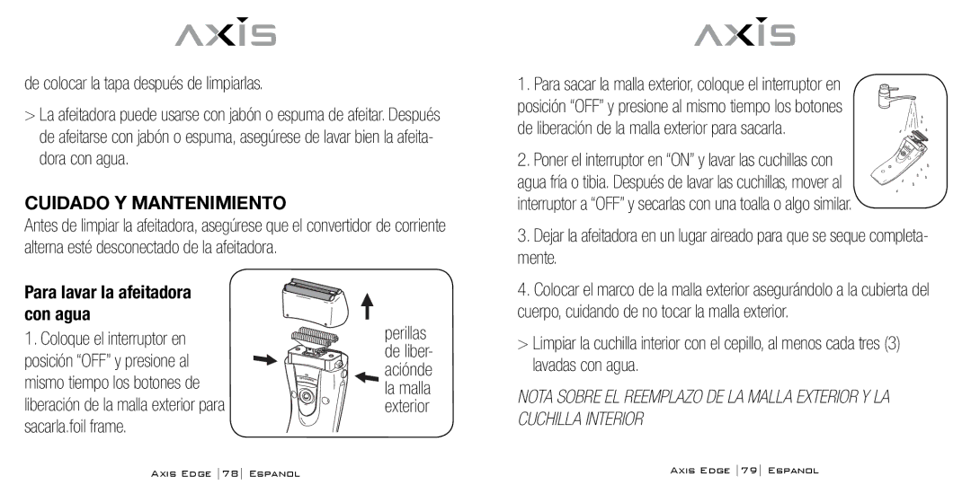 Bodyline Products International AX-4330 instruction manual Cuidado Y Mantenimiento, Para lavar la afeitadora Con agua 