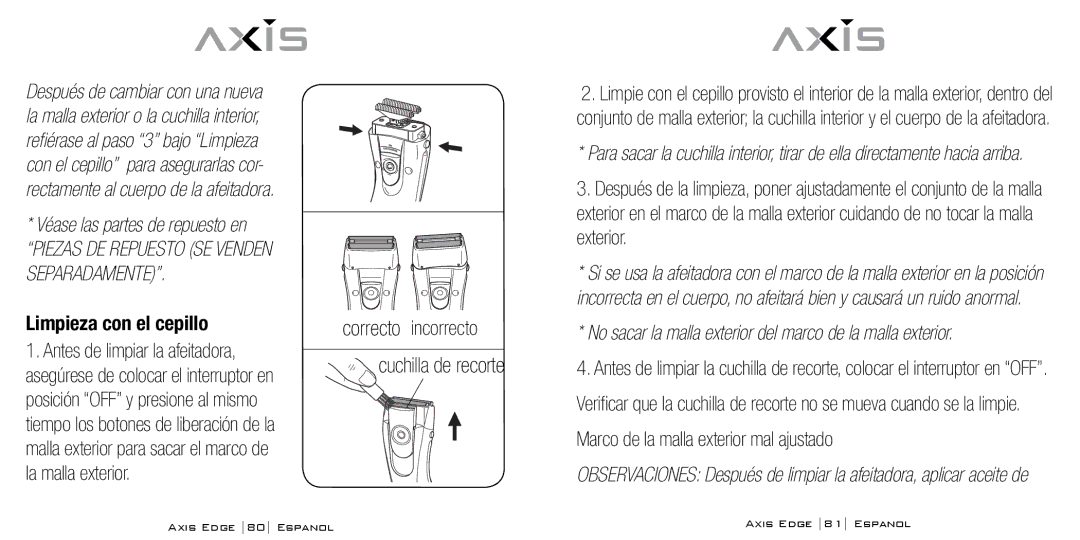 Bodyline Products International AX-4330 instruction manual Limpieza con el cepillo, Correcto incorrecto Cuchilla de recorte 