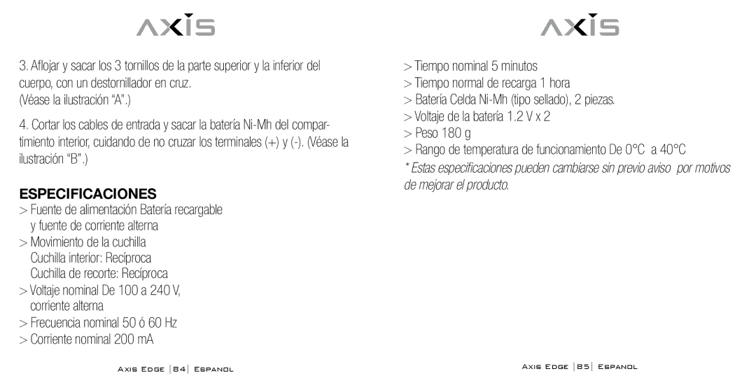 Bodyline Products International AX-4330 instruction manual Véase la ilustración a, Especificaciones 