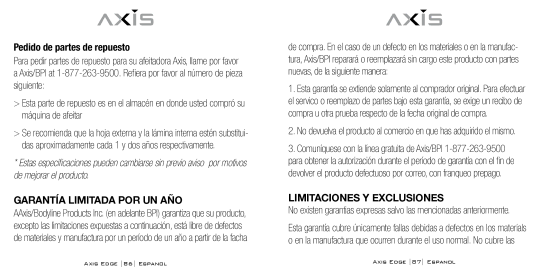 Bodyline Products International AX-4330 instruction manual Pedido de partes de repuesto, Garantía Limitada POR UN AÑO 