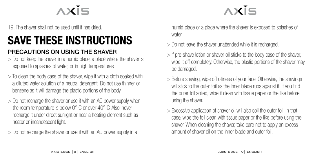 Bodyline Products International AX-4330 Shaver shall not be used until it has dried, Precautions on Using the Shaver 