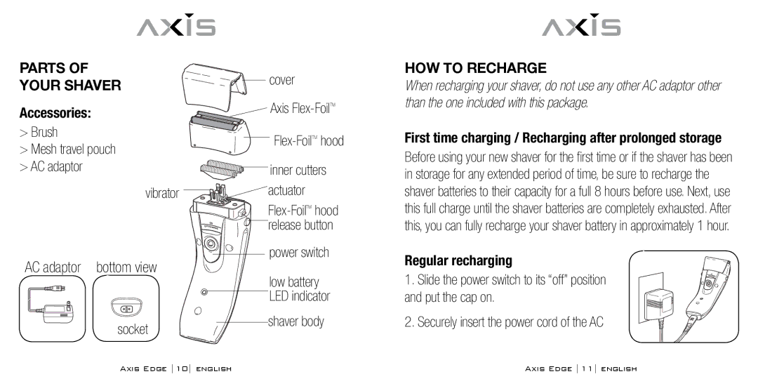 Bodyline Products International AX-4330 Parts Your Shaver, Accessories, HOW to Recharge, Regular recharging 