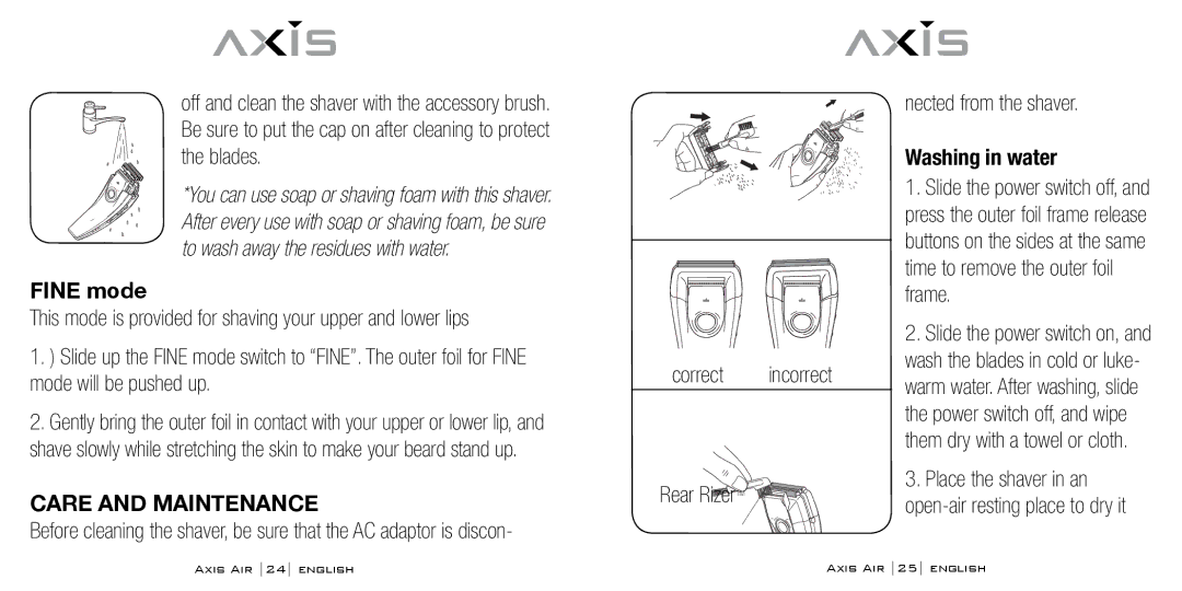 Bodyline Products International AX-5330 instruction manual Fine mode, Care and Maintenance, Washing in water 