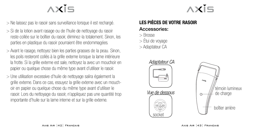 Bodyline Products International AX-5330 Accessories Brosse Étui de voyage Adaptateur CA, Socket, Boîtier arrière 