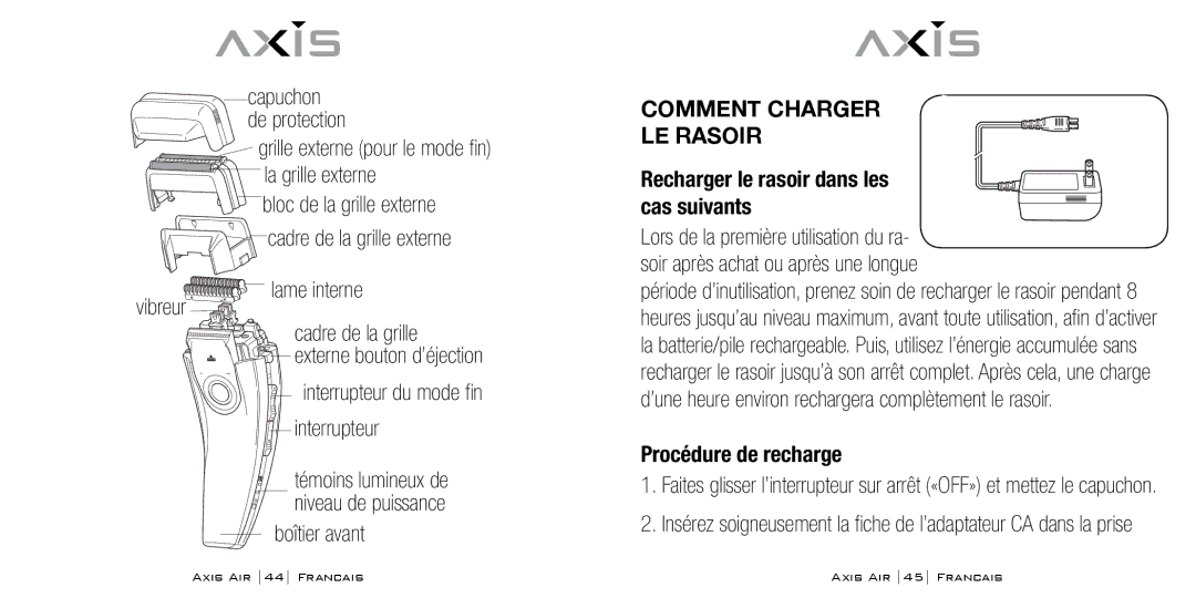 Bodyline Products International AX-5330 Lame interne vibreur Cadre de la grille, Boîtier avant, Comment Charger LE Rasoir 