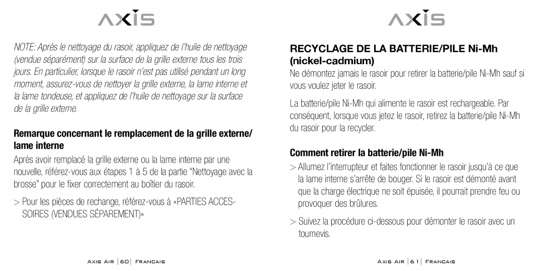 Bodyline Products International AX-5330 instruction manual Recyclage DE LA BATTERIE/PILE Ni-Mh nickel-cadmium 